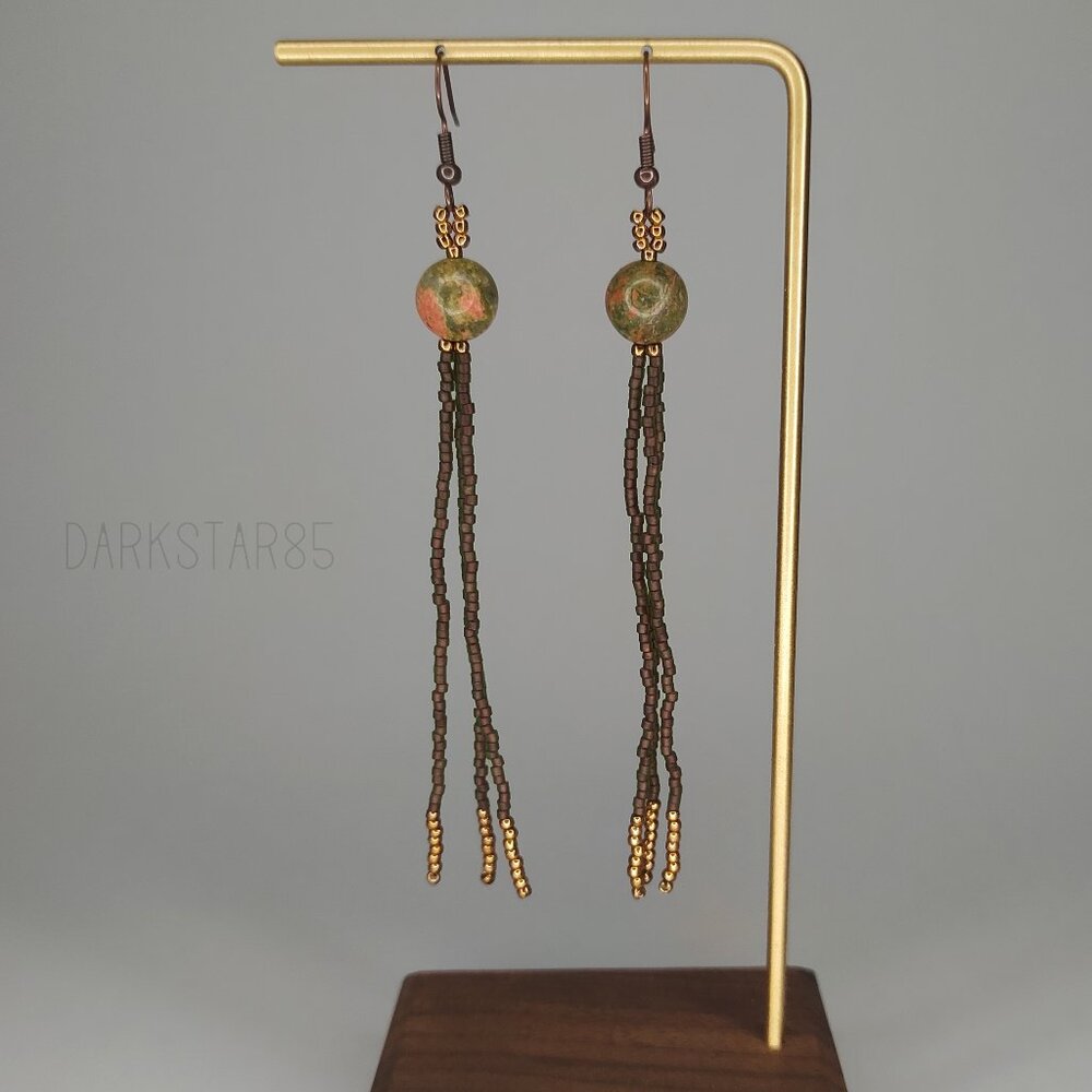 Handmade Earth-Tone Beaded Tassel Earrings With Glass and Natural Stone Beads